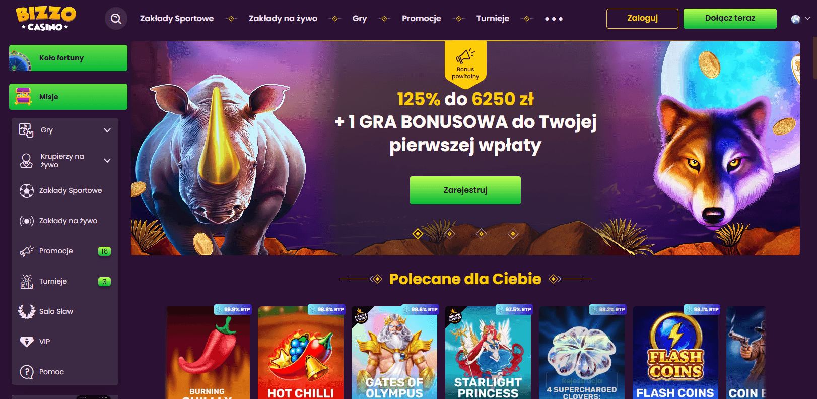 Bizzo_Casino_Zrzuty ekranu_Strona główna
